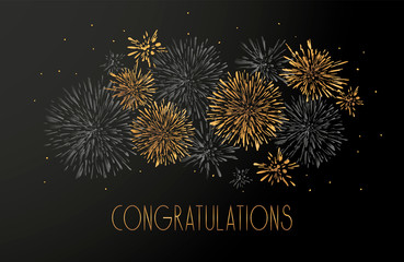 Congratulations greeting card with lettering design. Grey and golden glitter fireworks black background. 