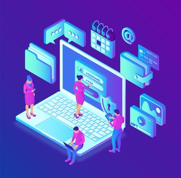 Data protection. Desktop pc with authorization form on screen, personal data protection. User male and female character. Data access, login form on screen. 3d isometric design. Vector illustration.