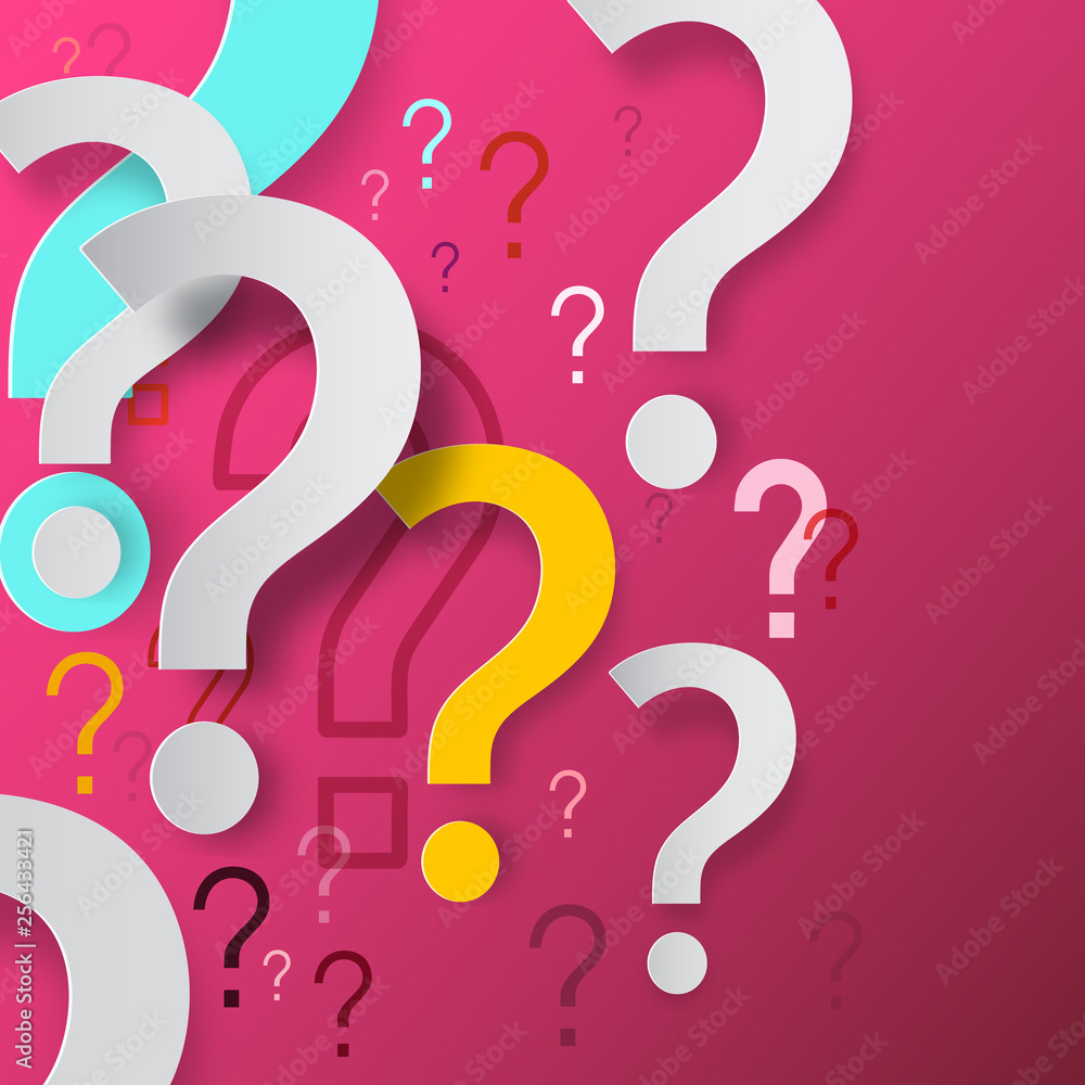 Poster question marks on pink background. vector mystery and faq concept. question mark problem solution de