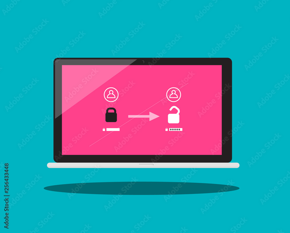 Poster notebook lock and unlock symbol. locked and unlocked laptop vector flat design illustration. interne