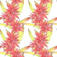 Hand painted watercolor illustration. Floral seamless pattern with red exotic tropical flowers.