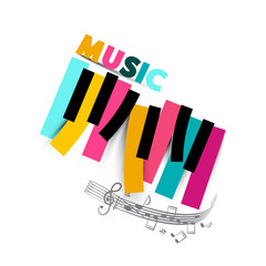Fototapeta na wymiar Music Symbol with Colorful Piano Keyboard and Staff on White Background. Vector Pop Song Design.
