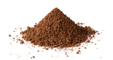 Pile of brown powder (cocoa, coffee, chocolate or cinnamon), isolated on white background