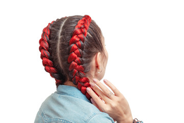 Braided hairstyle with red hair extensions on a white background