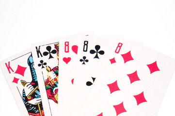 Playing cards on white background, winning combination, copy space for text.