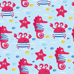 Cute sea vector animals of the deep: fish, crab and sea horse.  Cartoon seamless pattern on a color background. It can be used for backgrounds, surface textures, wallpapers, pattern fills