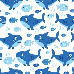 Abwaschbare Fototapete Meerestiere Süße Meeresvektortiere der Tiefe: Fische und Haie. Nahtloses Muster der Karikatur auf einem Farbhintergrund. Es kann für Hintergründe, Oberflächenstrukturen, Tapeten, Musterfüllungen verwendet werden