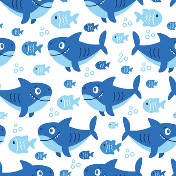 Cute sea vector animals of the deep: fish and shark.  Cartoon seamless pattern on a color background. It can be used for backgrounds, surface textures, wallpapers, pattern fills