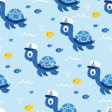 Cute sea vector animals of the deep: fish and turtle.  Cartoon seamless pattern on a color background. It can be used for backgrounds, surface textures, wallpapers, pattern fills