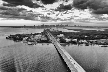 Virginia Key, Rickenbacker Causeway and Downtown Miami skyline. Aerial view from helicopter at...