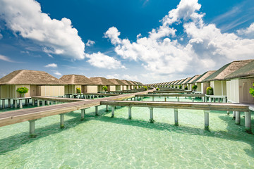 Beautiful tropical Maldives resort hotel and island with beach and sea on sky for holiday vacation...