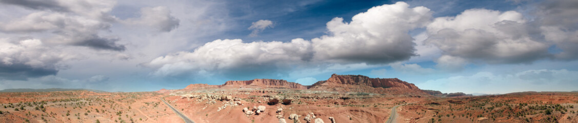 Capitol Reef National Park on a sunny summer day, panoramic aerial view at sunset