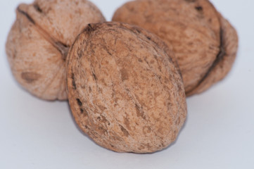 A pile of walnuts on a white background close-up macro, side view, copy space for text
