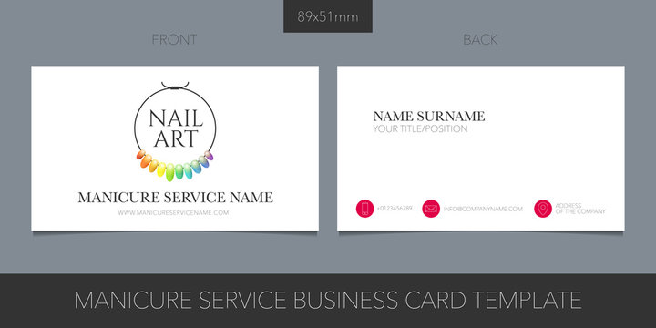 Manicure salon, nail master vector business card with logo, icon and contact details