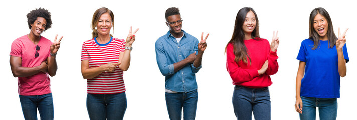 Composition of african american, hispanic and chinese group of people over isolated white background smiling with happy face winking at the camera doing victory sign. Number two.