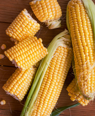 Fresh corn on cobs on rustic wooden table, closeup. Ripe corn. Half of broken open sweet corn