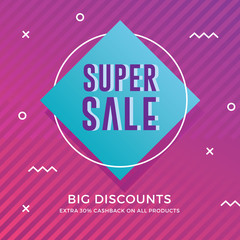 Super sale banner with modern memphis background