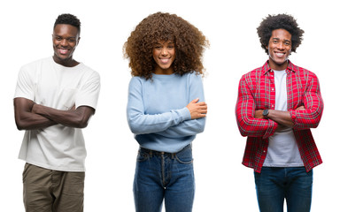 Collage of african american group of people over isolated background happy face smiling with crossed arms looking at the camera. Positive person.