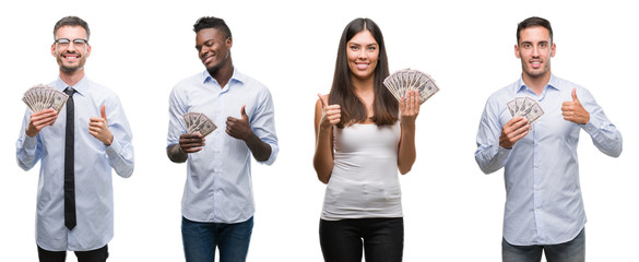 Collage of group team of workers holding bank notes dollars over isolated background happy with big smile doing ok sign, thumb up with fingers, excellent sign