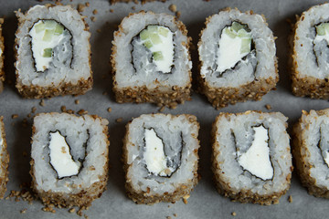 Japanese sushi rolls on a white background. close view