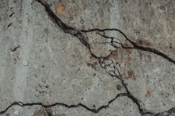 Cracked earth texture. Grunge gray cracked wall. Grey and brown cement wall background. Closeup concrete destroyed wall. Cracks in the blue   concrete wall.