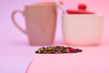Obraz na płótnie Canvas Cup of tea, Sugar bowl and waffles