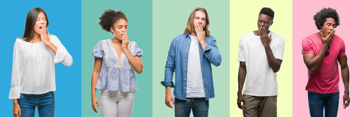 Composition of african american, hispanic and chinese group of people over vintage color background bored yawning tired covering mouth with hand. Restless and sleepiness.
