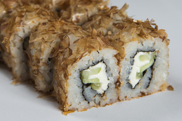 Japanese sushi rolls on a white background. close view