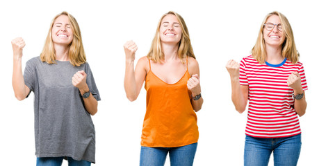 Collage of beautiful blonde woman over white isolated background very happy and excited doing winner gesture with arms raised, smiling and screaming for success. Celebration concept.