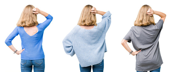 Collage of beautiful blonde woman over white isolated background Backwards thinking about doubt with hand on head
