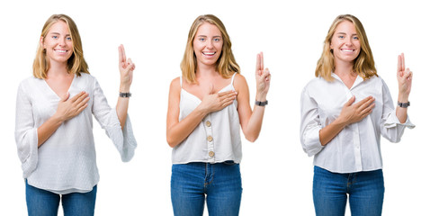 Collage of beautiful blonde woman over white isolated background Swearing with hand on chest and...