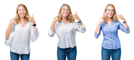 Collage of beautiful blonde business woman over white isolated background smiling confident showing and pointing with fingers teeth and mouth. Health concept.