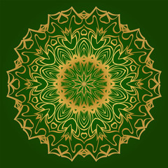 Ornamental Circle Pattern. Hand Draw Mandala. Vintage Decorative Elements. Vector Illustration. Anti-Stress Therapy Pattern. Green gold color