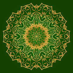 Ornamental Circle Pattern. Hand Draw Mandala. Vintage Decorative Elements. Vector Illustration. Anti-Stress Therapy Pattern. Green gold color