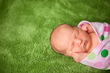 Newborn Baby Wrapped in Blanket - Sleeping Infant - Room for Text