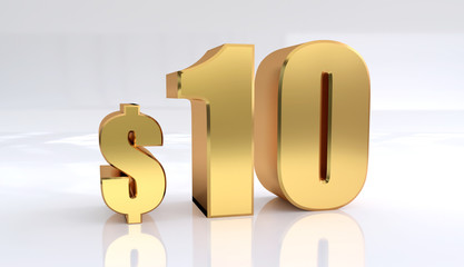 10 dollar price symbol. red text number 3d render with dollar sign on white background - Illustration