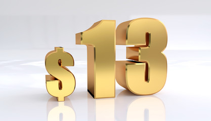 13 dollar price symbol. red text number 3d render with dollar sign on white background - Illustration