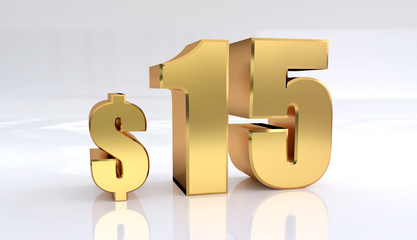 15 dollar price symbol. red text number 3d render with dollar sign on white background - Illustration