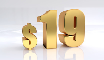 19 dollar price symbol. red text number 3d render with dollar sign on white background - Illustration