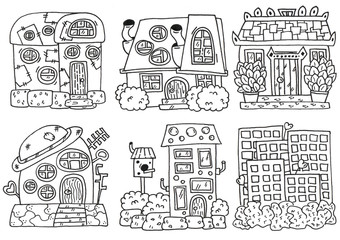 Houses linework. Hand drawing set for stikers, colorbook or print