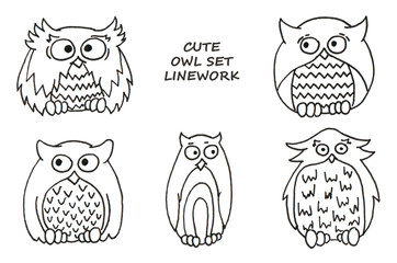 Cute owl set - linework. Illustration for kids. Print, postcars, web design, coloring book or other.