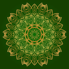 Flower Coloring Mandala. Decorative Elements. Oriental Pattern, Vector Illustration. Indian, Moroccan, Mystic, Ottoman Motifs. Green gold color