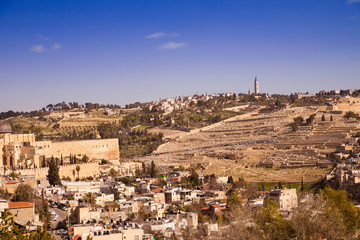 Fototapeta na wymiar View from Mount Zion to the Mount of Olives with the Jewish cemetery, left the Temple Mount of Jerusalem. Israel, Middle East