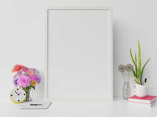 Poster mockup with vertical frame and right/left have book,flower white wall background,3D rendering