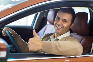 Handsome mature man sitting in his new car