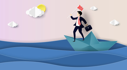 Businessman sailing on paper boat with Hold the flag in ocean,Business concept.Paper art style.