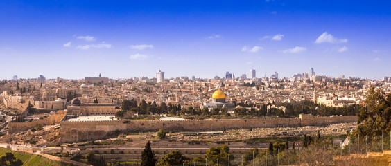Jerusalem‘s old city with town wall and Aqsa Mosque, view from Mount Of Olives, Israel, Middle East