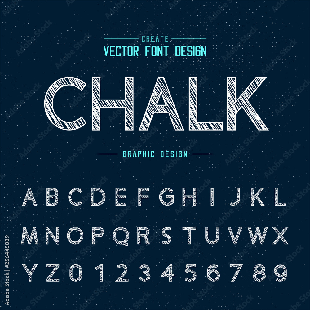 Poster chalk font and alphabet vector, design typeface and number, graphic text on grunge background