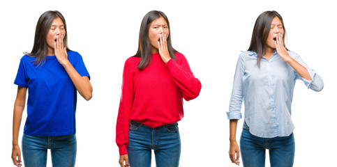 Obraz premium Collage of asian young woman standing over white isolated background bored yawning tired covering mouth with hand. Restless and sleepiness.