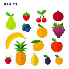 Fruits and berries vector flat icons set isolated on white.
